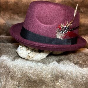 Stylish Burgundy Fedora with Feather Accent